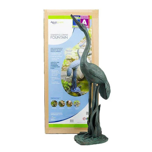 Standing Crane Spitter polyresin pond fountain with brass finish and graceful water flow