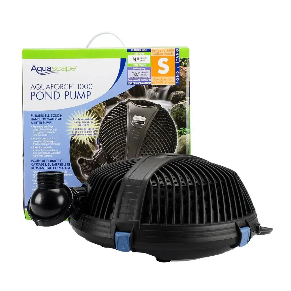 AquaForce asynchronous pump with solids-handling feature and protective pre-filter cage for ponds