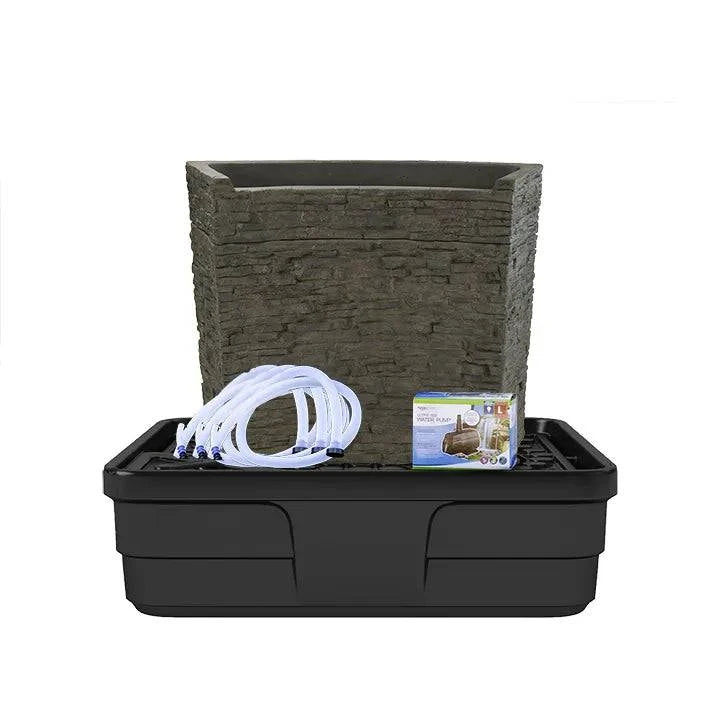 Stacked Slate Spillway Wall 32″ fountain kit with pump and AquaBasin 45 for garden water feature