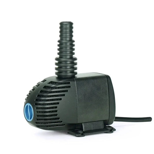 Small fountain pump with valve and hose connection, ideal for decorative fountains, 3-year warranty