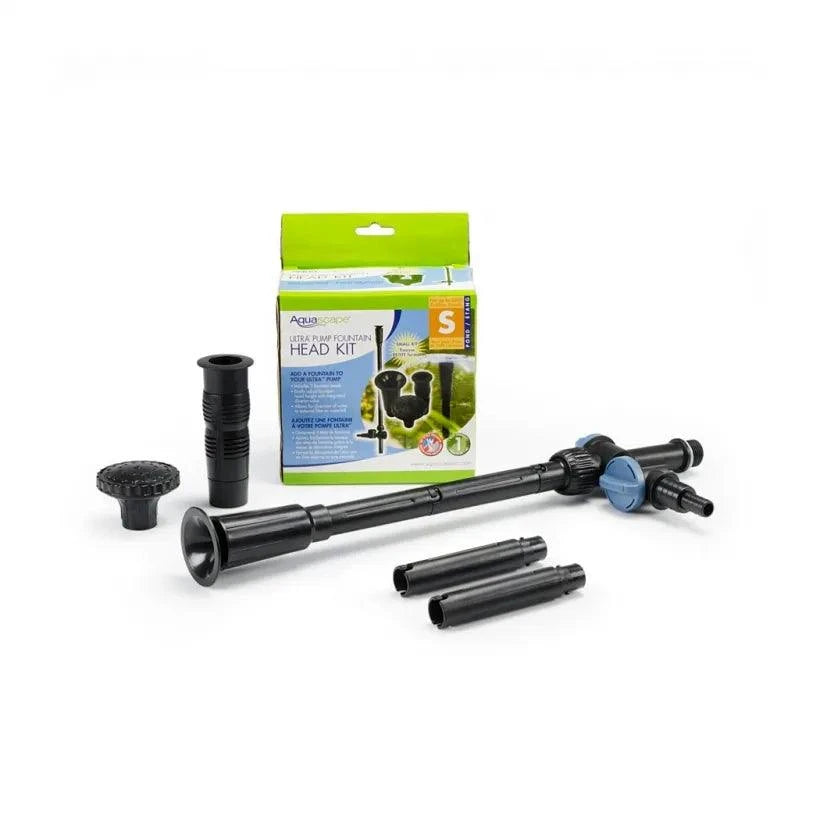 Ultra Pump Fountain Head Kit with foaming jet, water bell, and daisy styles for various pump sizes