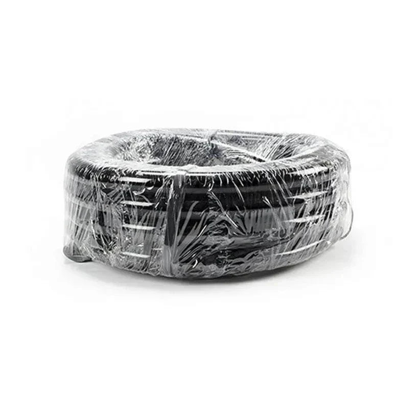 Black vinyl tubing coiled on a white background