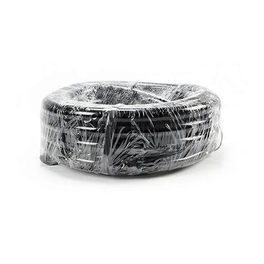 Black vinyl tubing coiled on a white background