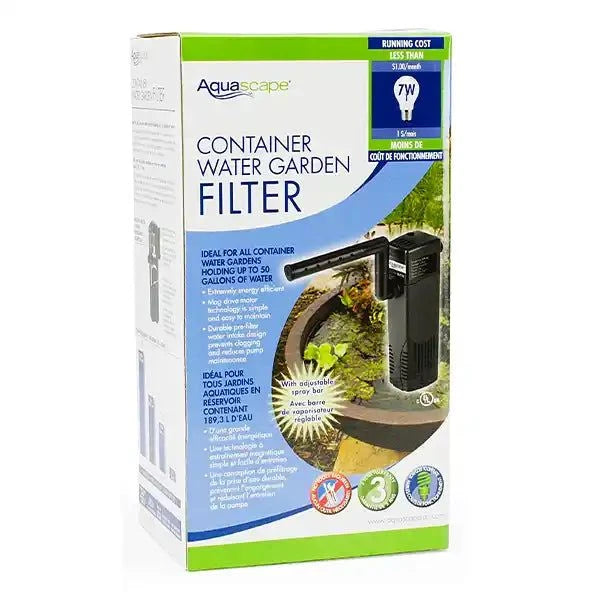 Container Water Garden Filter with pre-filter intake and magnetic-drive motor for clean water in mini ponds and tabletop gardens