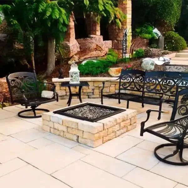 Dimensional Square Fire Pit with modern wallstone design for backyard entertaining