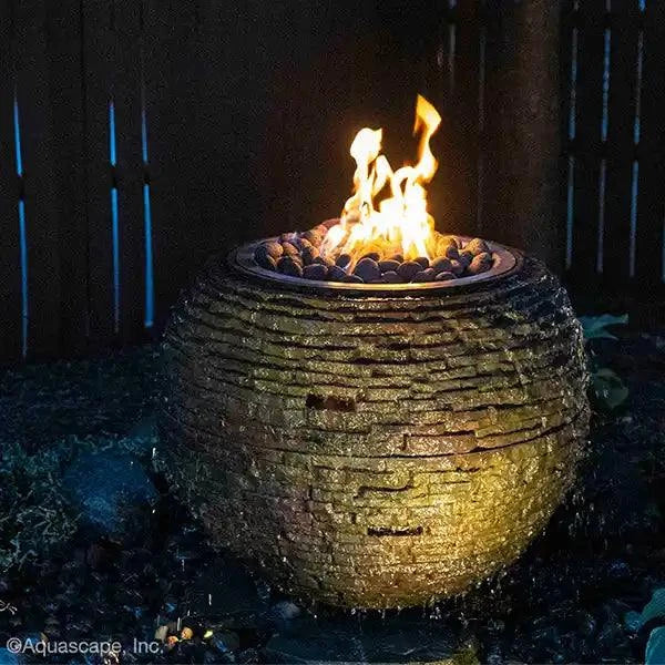 Fire and Water Stacked Slate Sphere backyard centerpiece with natural texture and modern fire design