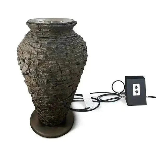 Fire And Water Stacked Slate Urn with handcrafted finish and gentle water flow for patios and landscapes