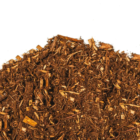 Classic Cedar Mulch made from fresh white cedar bark, rich aroma, fibrous texture for moisture retention and weed suppression