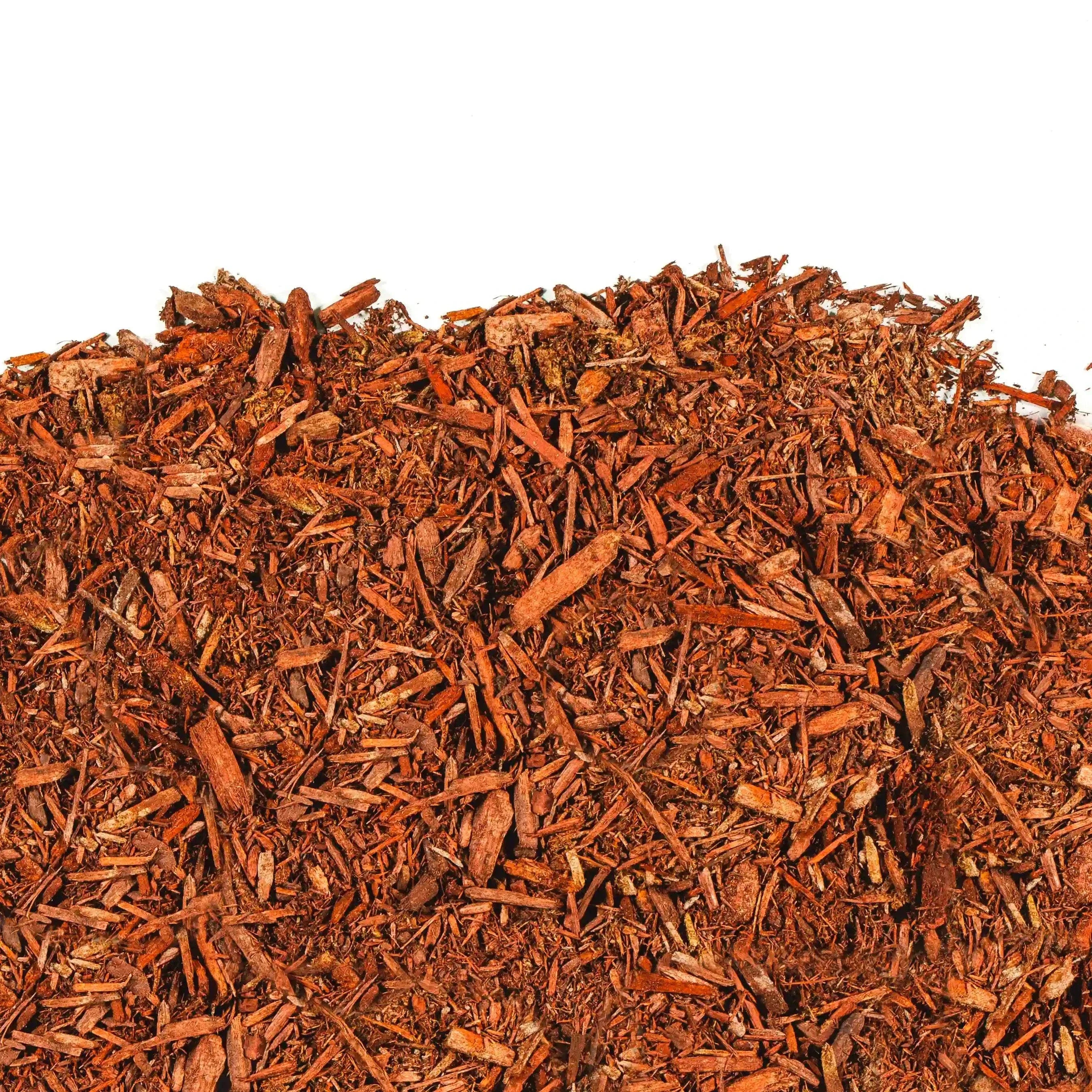 Rustic Red Pine Mulch with uniform texture for garden beds, pathways, shrubs, and trees, enhancing soil and suppressing weeds.