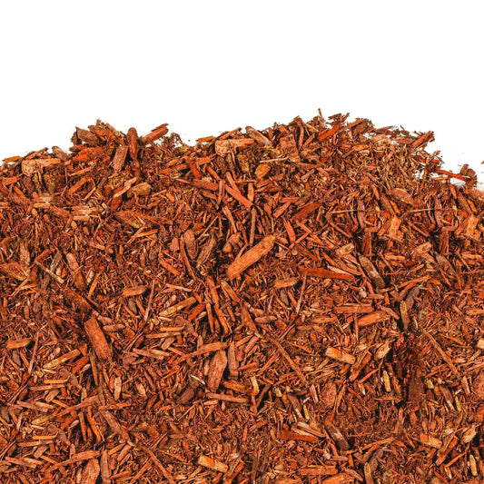 Rustic Red Pine Mulch with uniform texture for garden beds, pathways, shrubs, and trees, enhancing soil and suppressing weeds.