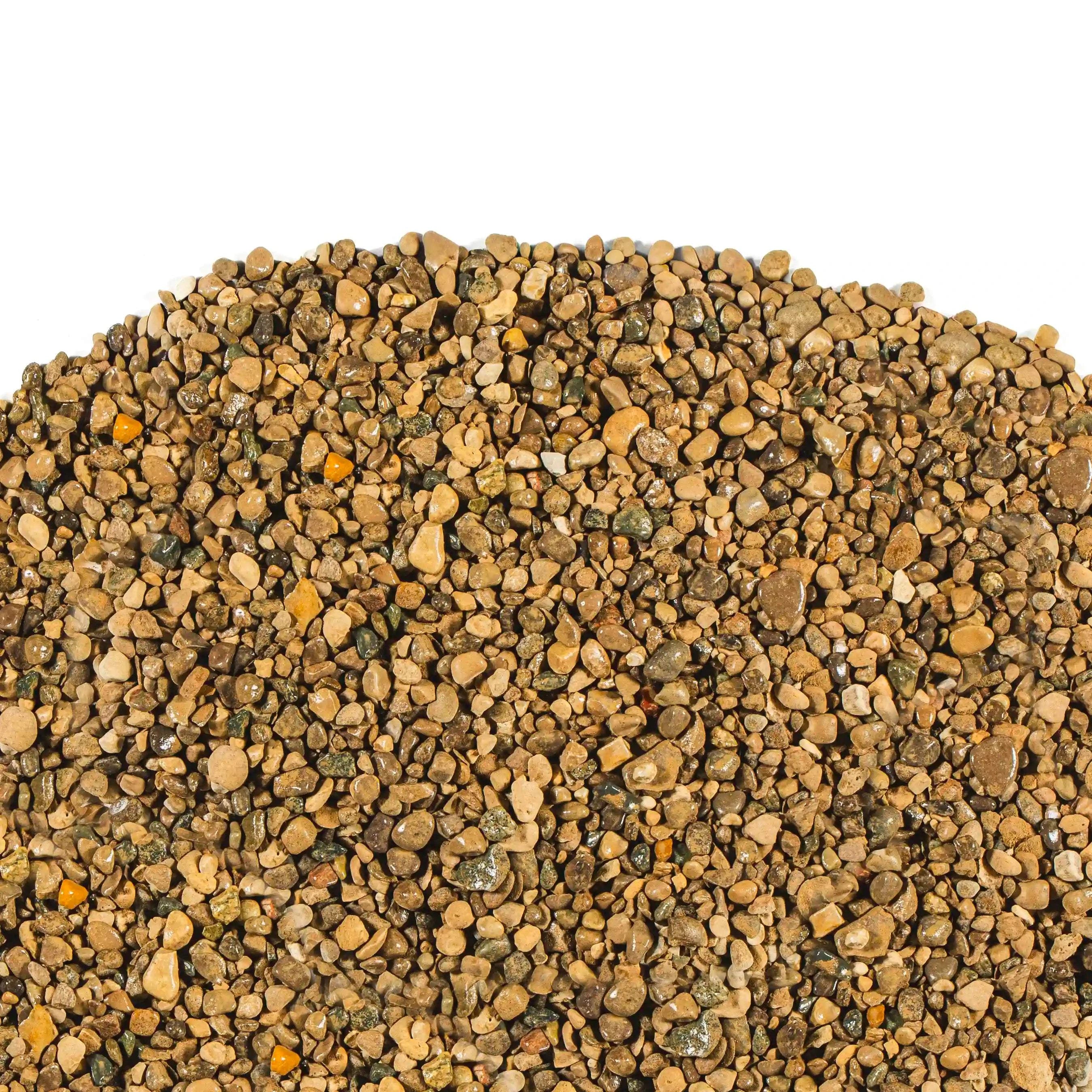 Small smooth pea stone in neutral buff and grey tones for pathways and gardens