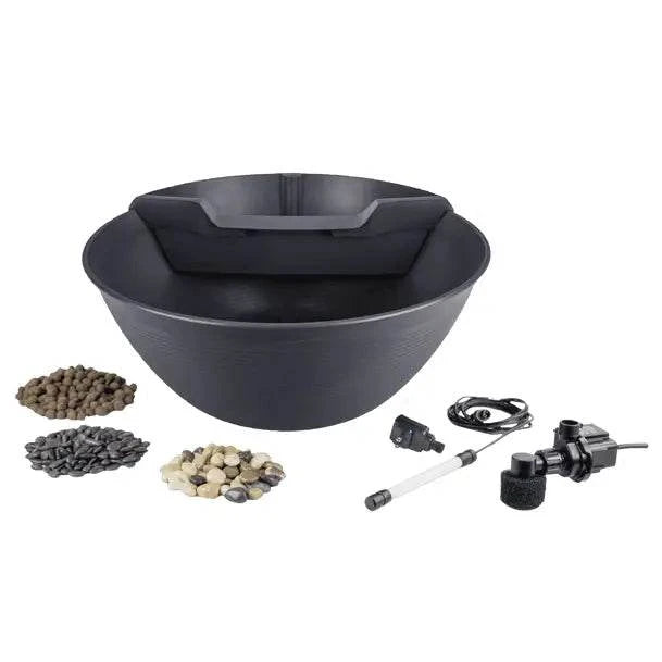AquaGarden Mini Pond Kit with waterfall filter, water pump, decorative gravel, and grow media in mocha or steel gray colors
