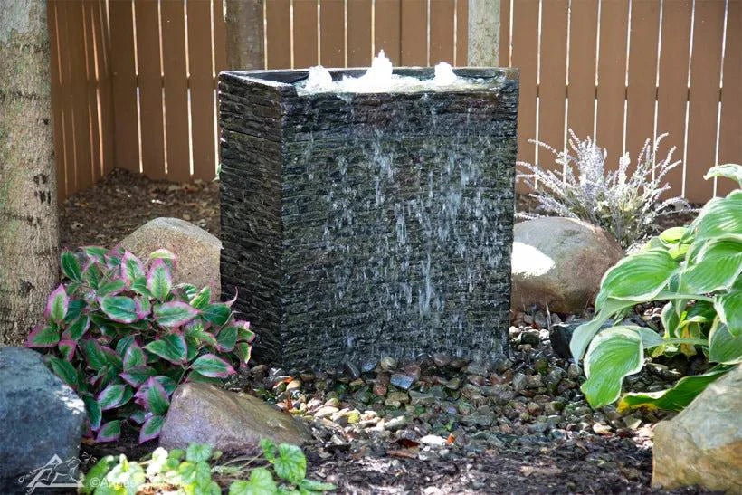 Stacked Slate Spillway Wall 32-inch landscape fountain with pump and AquaBasin 45 for garden water feature