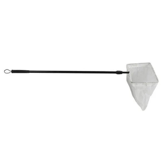 Pond skimmer net with 12x7 inch net and extendable 32 to 63 inch handle removing surface debris from pond